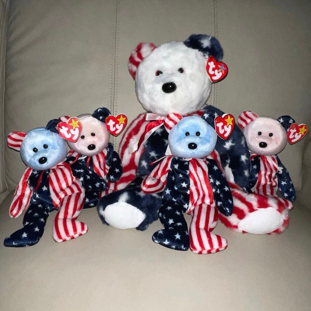 Lot of 5 Retired Ty Spangle Patriotic American Flag Bears - Red White Blue Faces
